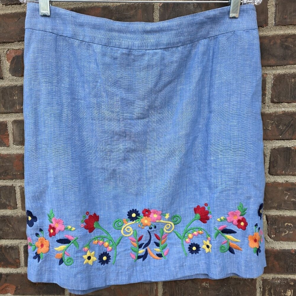 Talbots Size 8 Linen Cotton Embroidered Blue Skirt A-Line Floral Chambray